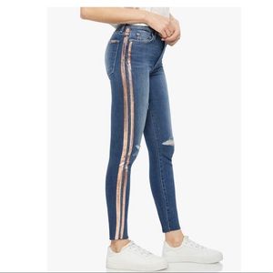 High Rise Skinny Joes Jeans w Rose Gold Stripes